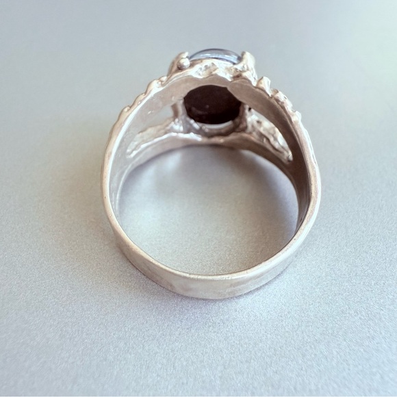 Fire Opal Doublet Artisan Made Textured Unisex Ring in Sterling Silver, … - Picture 4 of 10